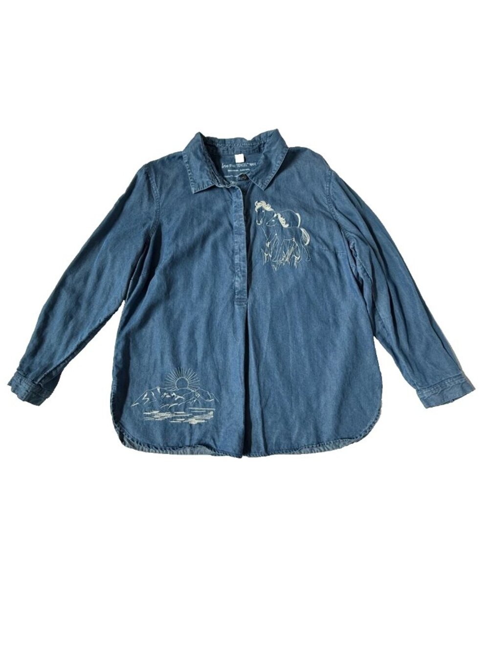 Coldwater Creek Womens XL Horse Button Back Shirt Blue Chambray Tencel Western